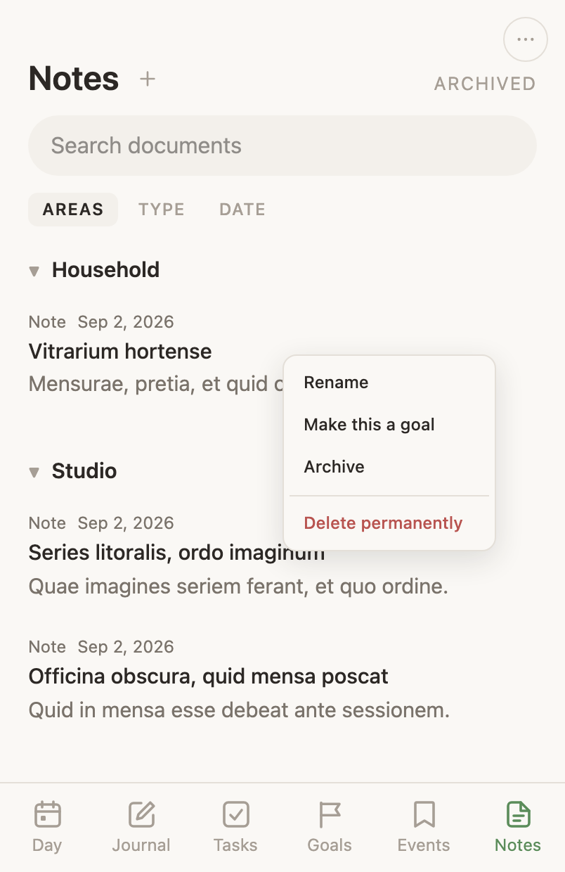 A document's row menu open on the web: Rename, Archive and Delete permanently.