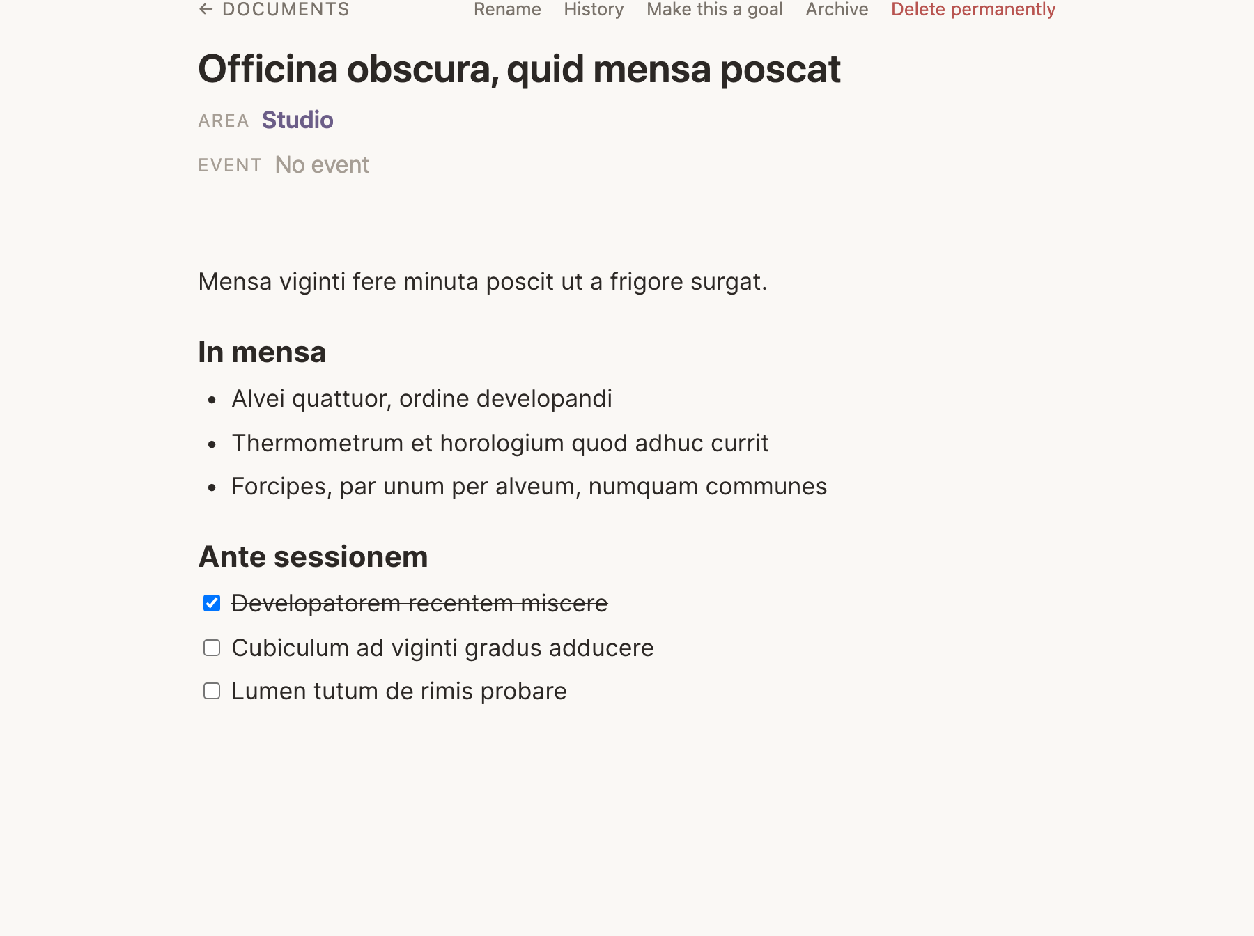A document open in the web editor, its headings, bullets and checkboxes drawn, with the back link and Rename, History, Archive and Delete permanently along the top.