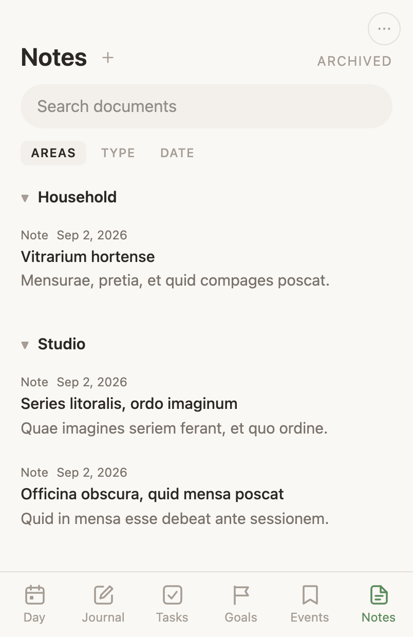 The Notes tab grouped by life area, each row giving its kind and date above its title and its description below, with Archived above the list.
