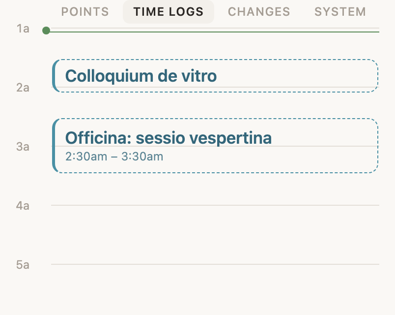 The Day on a phone: the tab bar naming Points, Time logs, Changes and System, with Time logs the one being read.