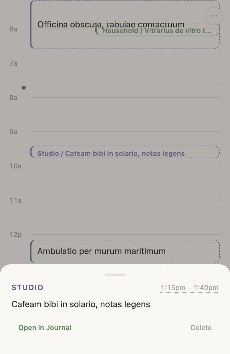 A time log opened on the Day: the sheet shows its area, its words and its time, with the time underlined as the control that changes it.