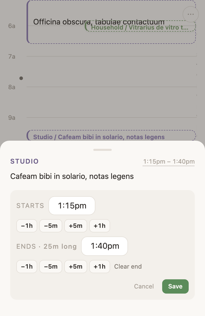 The time editor open on an entry, with Starts and Ends fields and Save.