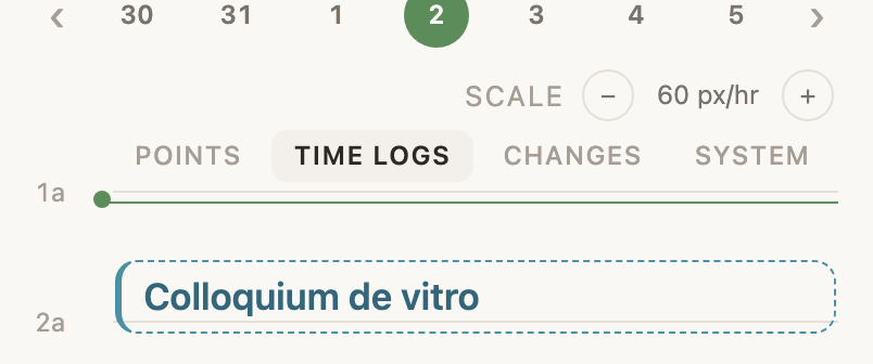 The Scale control above the hours, with minus and plus and the current pixels per hour.