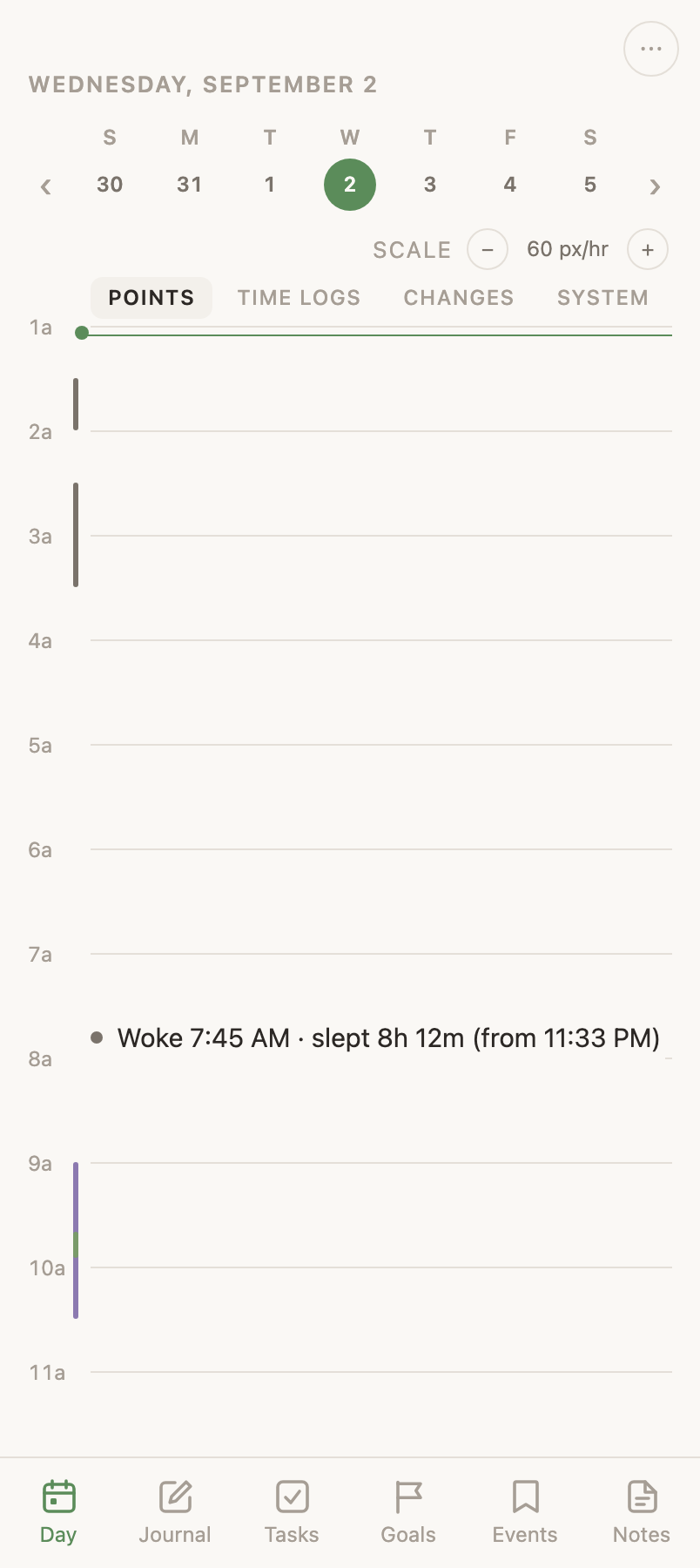 The Points column on a phone, holding the day’s moments and the sleep reading, with no finish marker on anything.