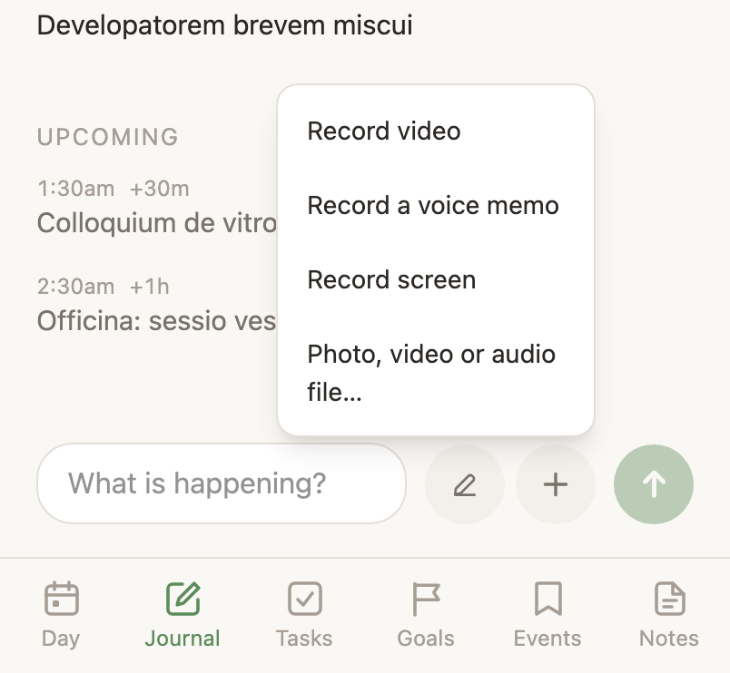 The menu the plus button opens above the capture bar: Record video, Record a voice memo, Record screen, and Photo, video or audio file.
