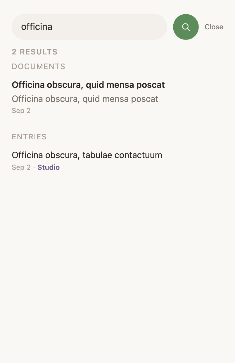 Search with a query typed, results grouped as documents and entries.