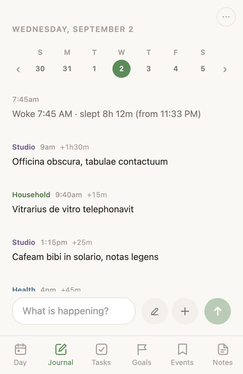 The journal on a phone: the day's entries under a week strip, each with its life area, its time, and its length when it has one.