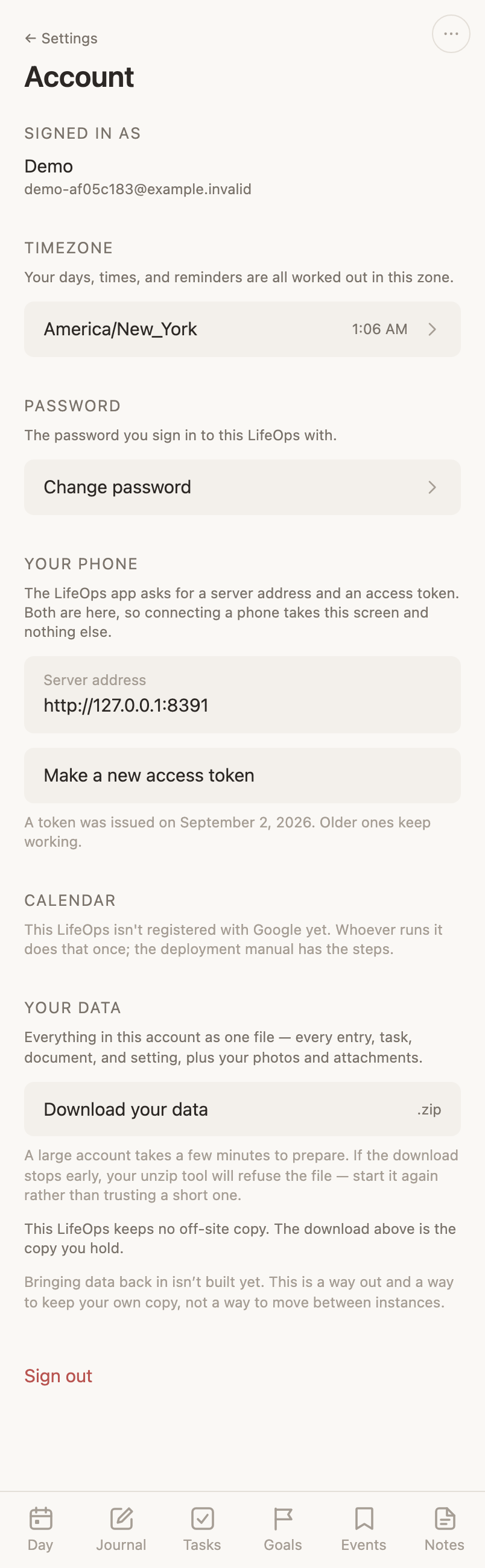 The Account settings page: the signed-in name and email, and the timezone picker with live clocks.