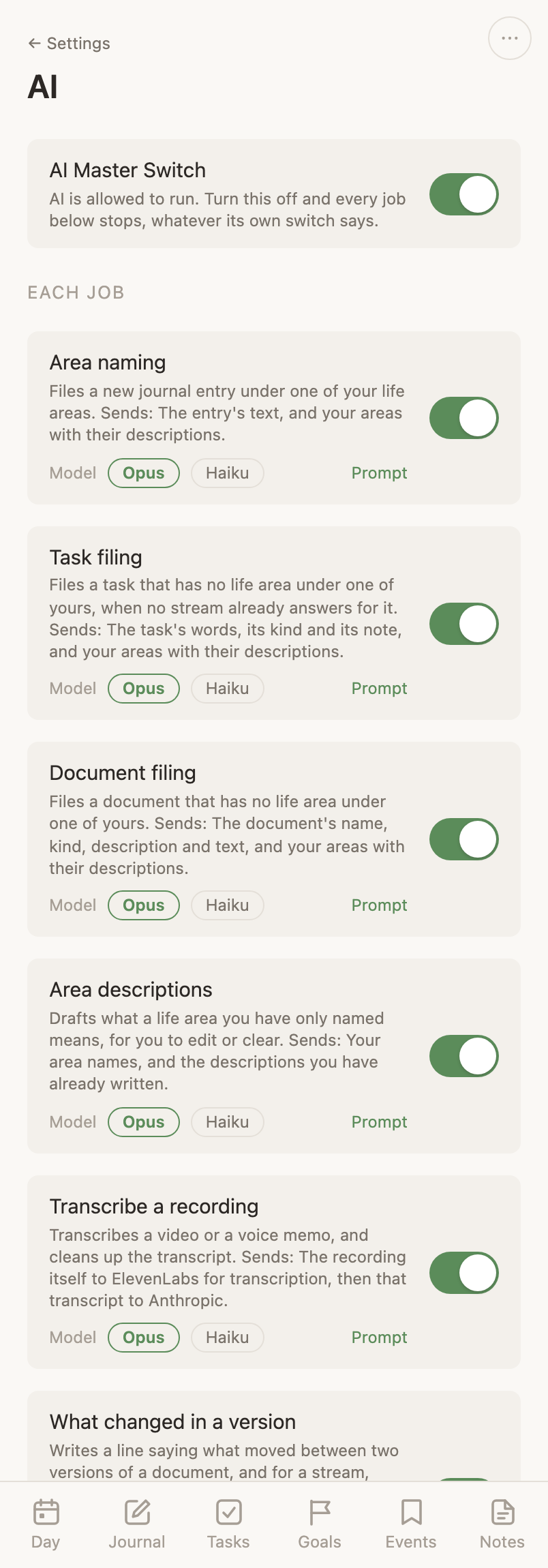 The AI settings page: the master switch above the job switches, each saying what it sends.