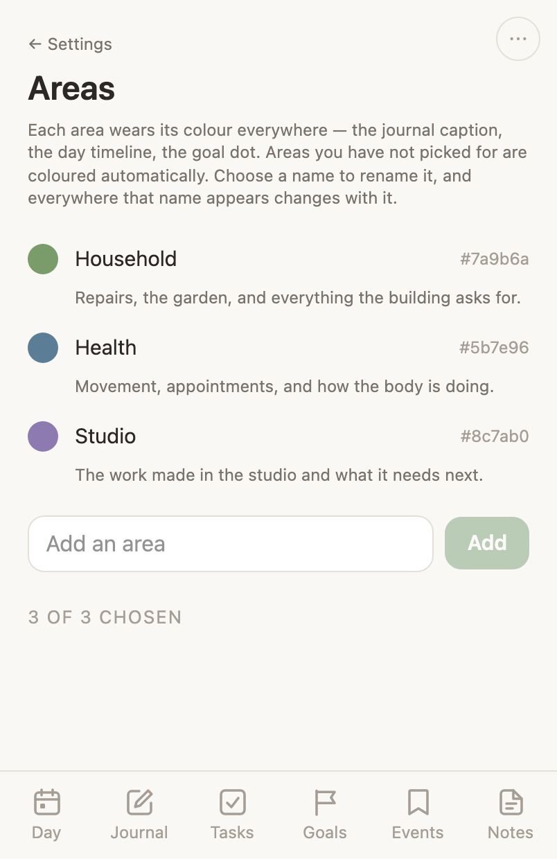 The Areas settings page: each life area with its colour swatch, and the field that adds one.
