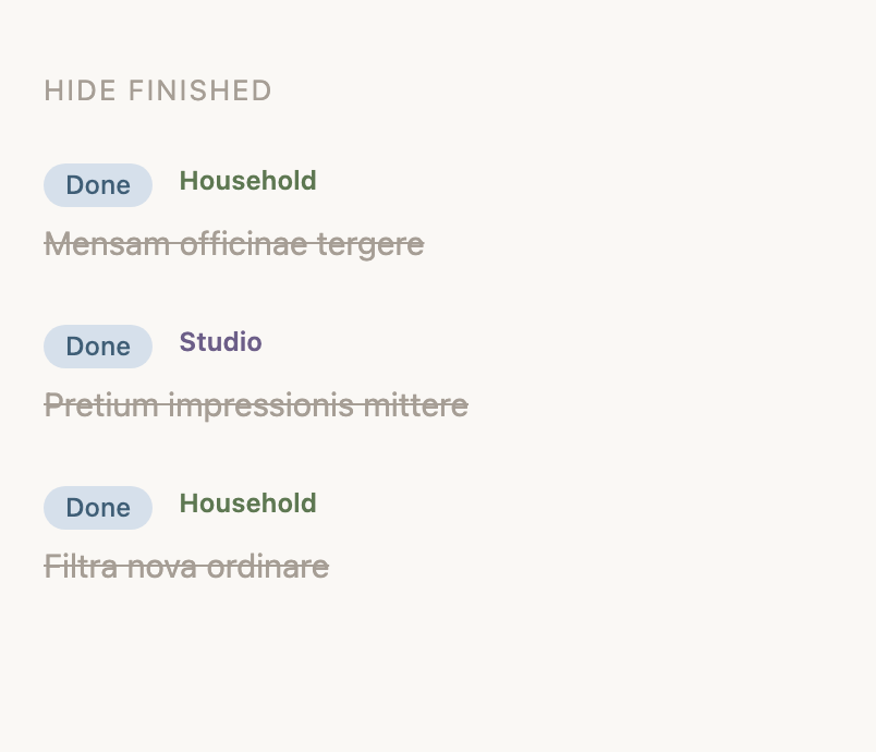 The finished list open, each task struck through with the status it closed on beside it.