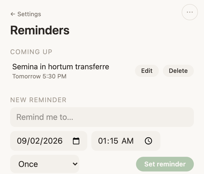 The reminder composer, with its own date and time fields and a repeat choice.
