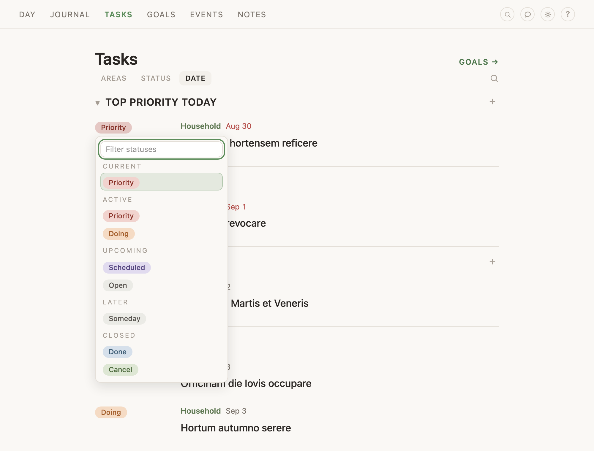 The status picker open from a task's row, the statuses listed under their four group headings.