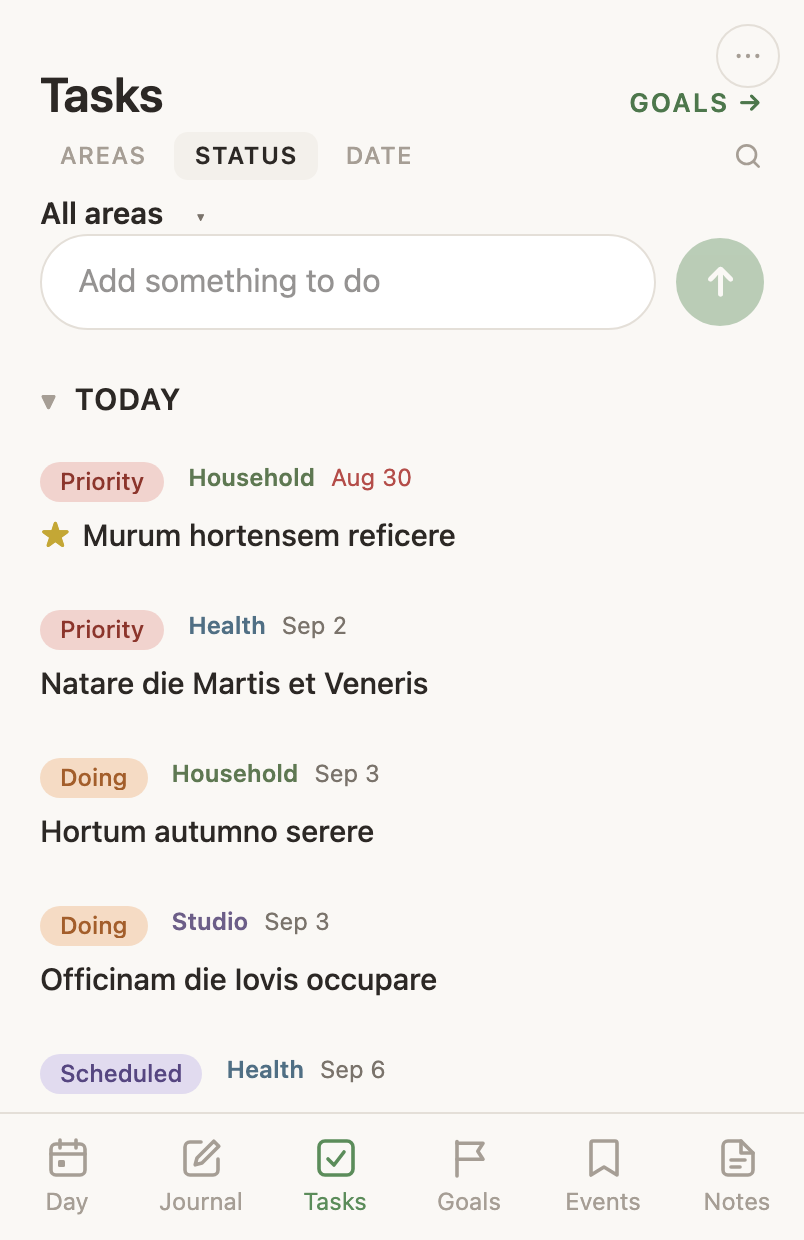 The Status view: the same tasks arranged under their status words, with the view bar above.