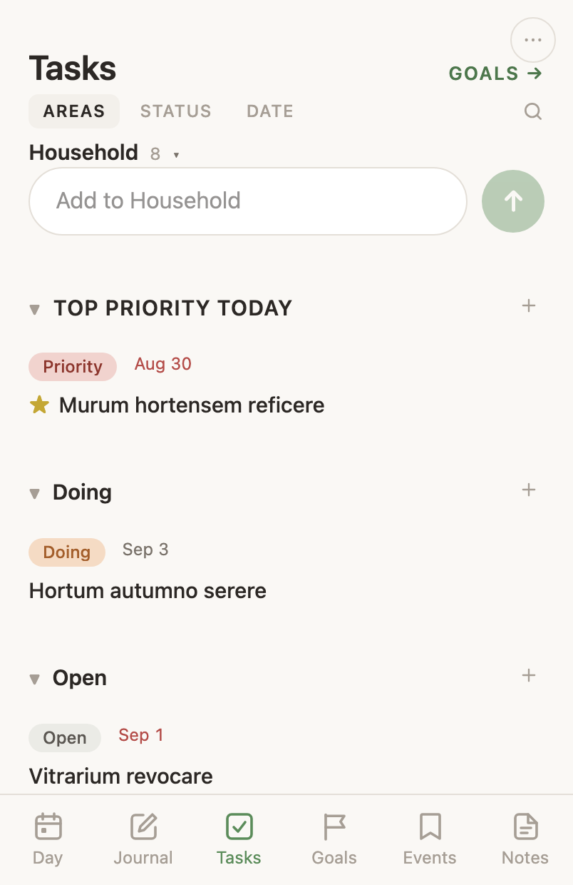 Tasks grouped by life area, each group showing its open count, with the add bar scoped to the area you are looking at.