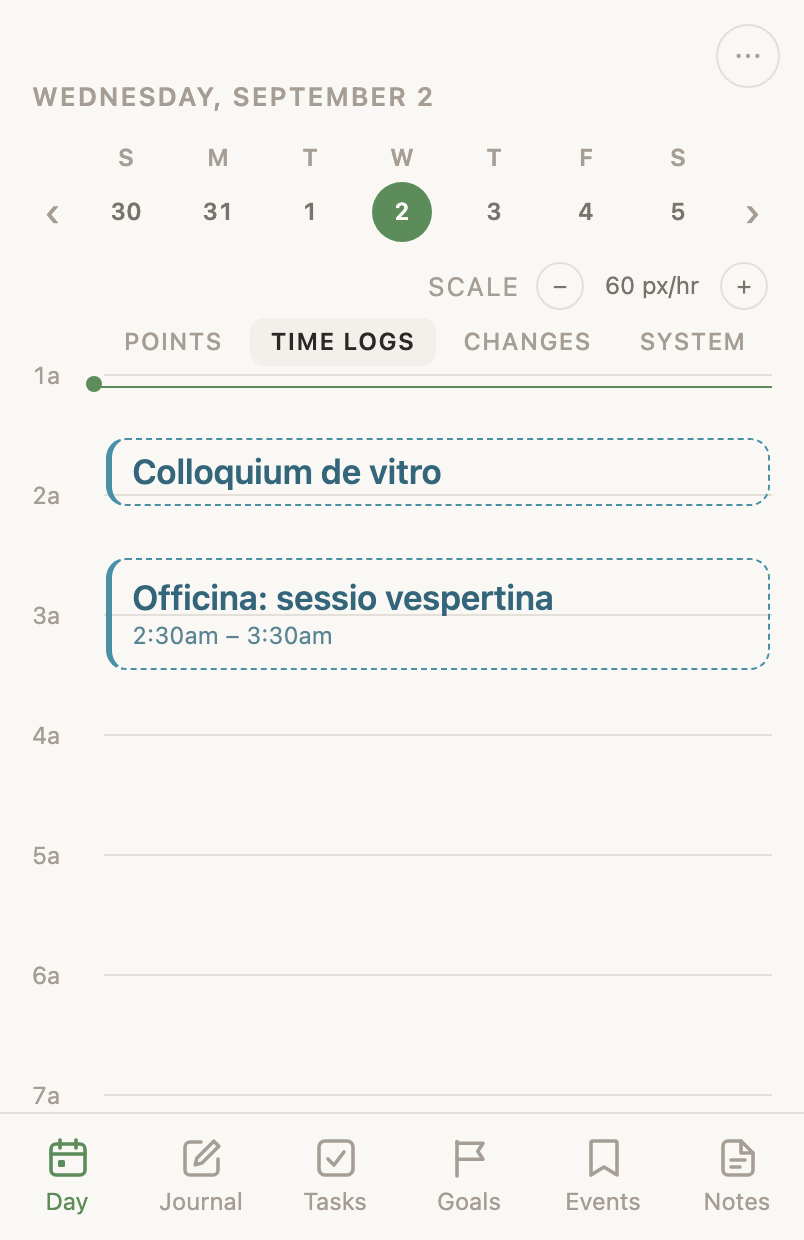 The Day screen on a phone: a week strip, the scale control, the four column tabs, then an hour-by-hour timeline with a time-log block on it.