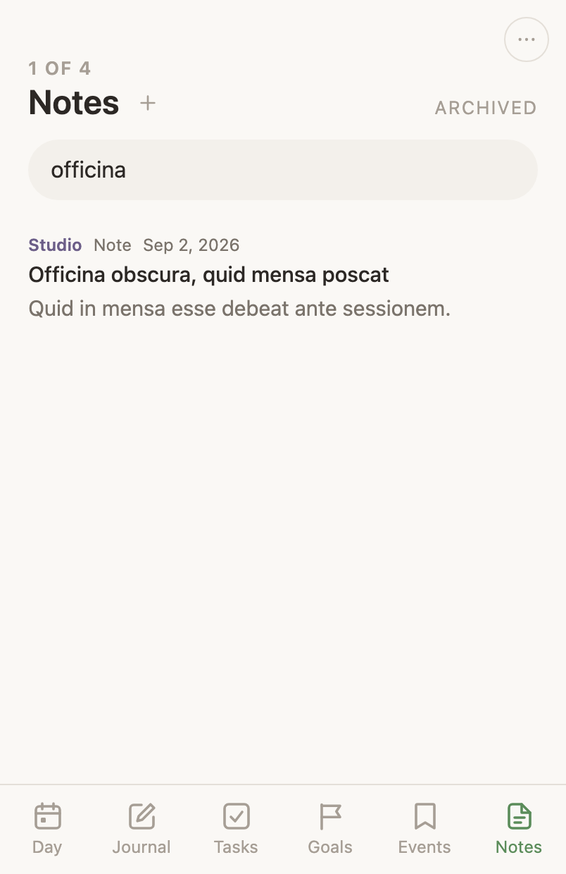 The Notes tab: a title with a plus, a search field, the Areas, Type and Date words, then documents under life-area headings, each row showing its type, its date, its title and its description.