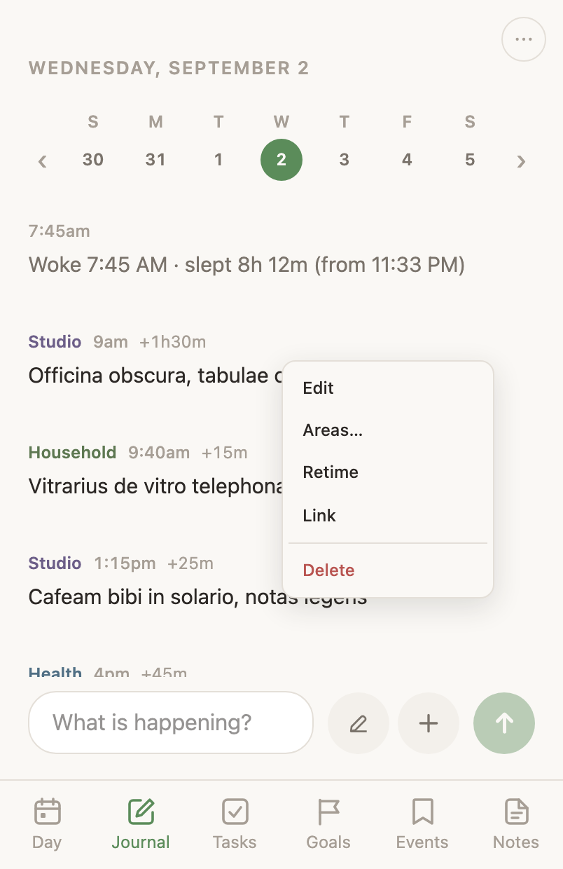 An entry's menu open over the feed, listing Edit entry, Areas, Retime, Link to task and Delete entry.