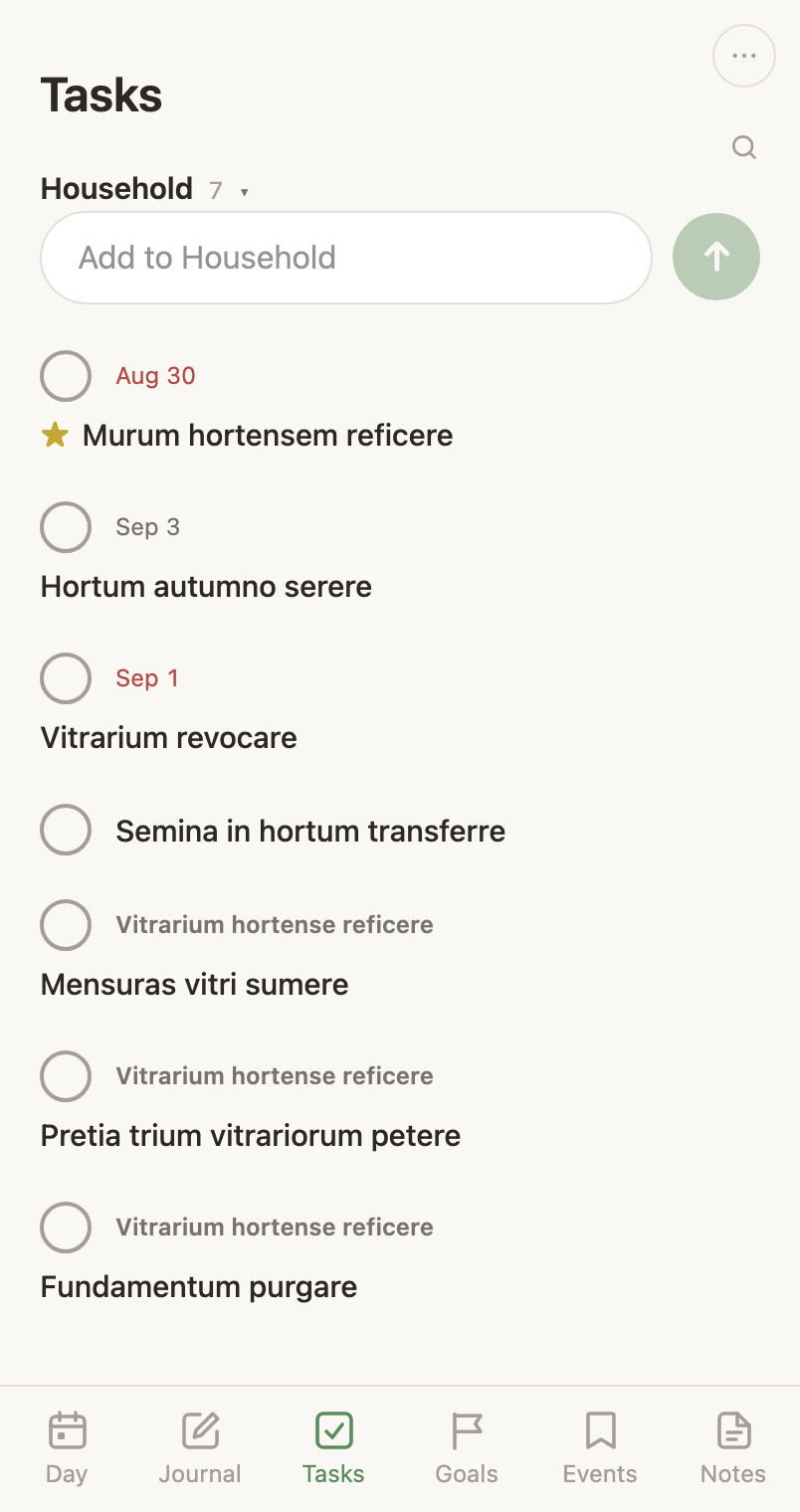The Tasks screen on a phone: the area you are in with its count beside its name, tasks with check rings, and the add bar.